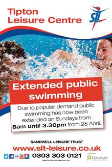 Public swimming hours extended at Tipton Leisure Centre Public swimming hours extended at Tipton Leisure Centre